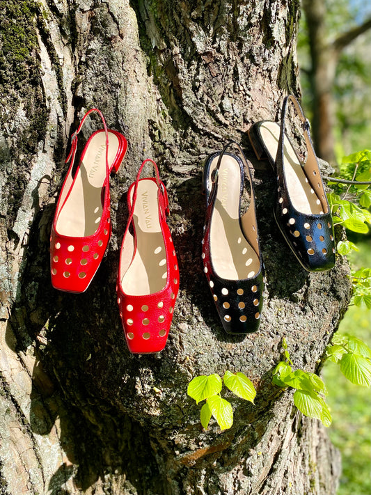 Black Perforated Patent Leather Slingbacks