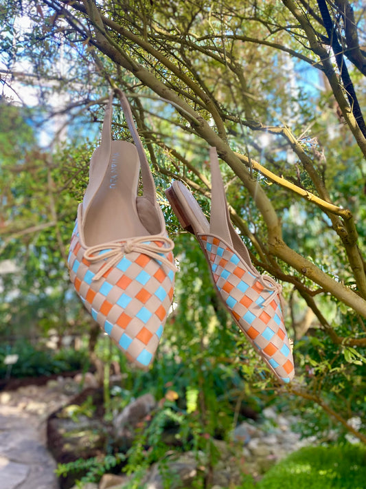 Turquoise and Orange Woven Leather Slingbacks
