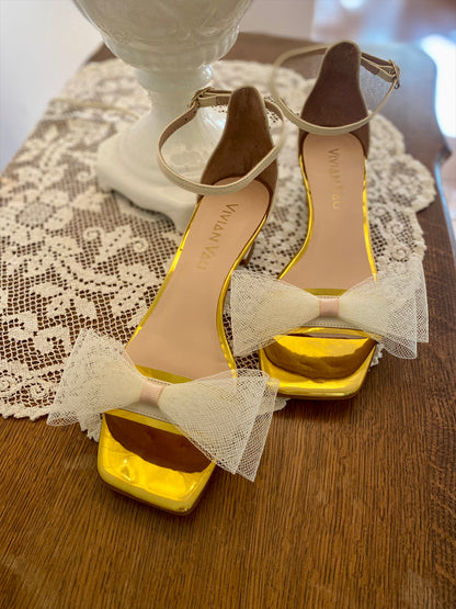 Cream Kitten Heels with Wide Mesh Bow