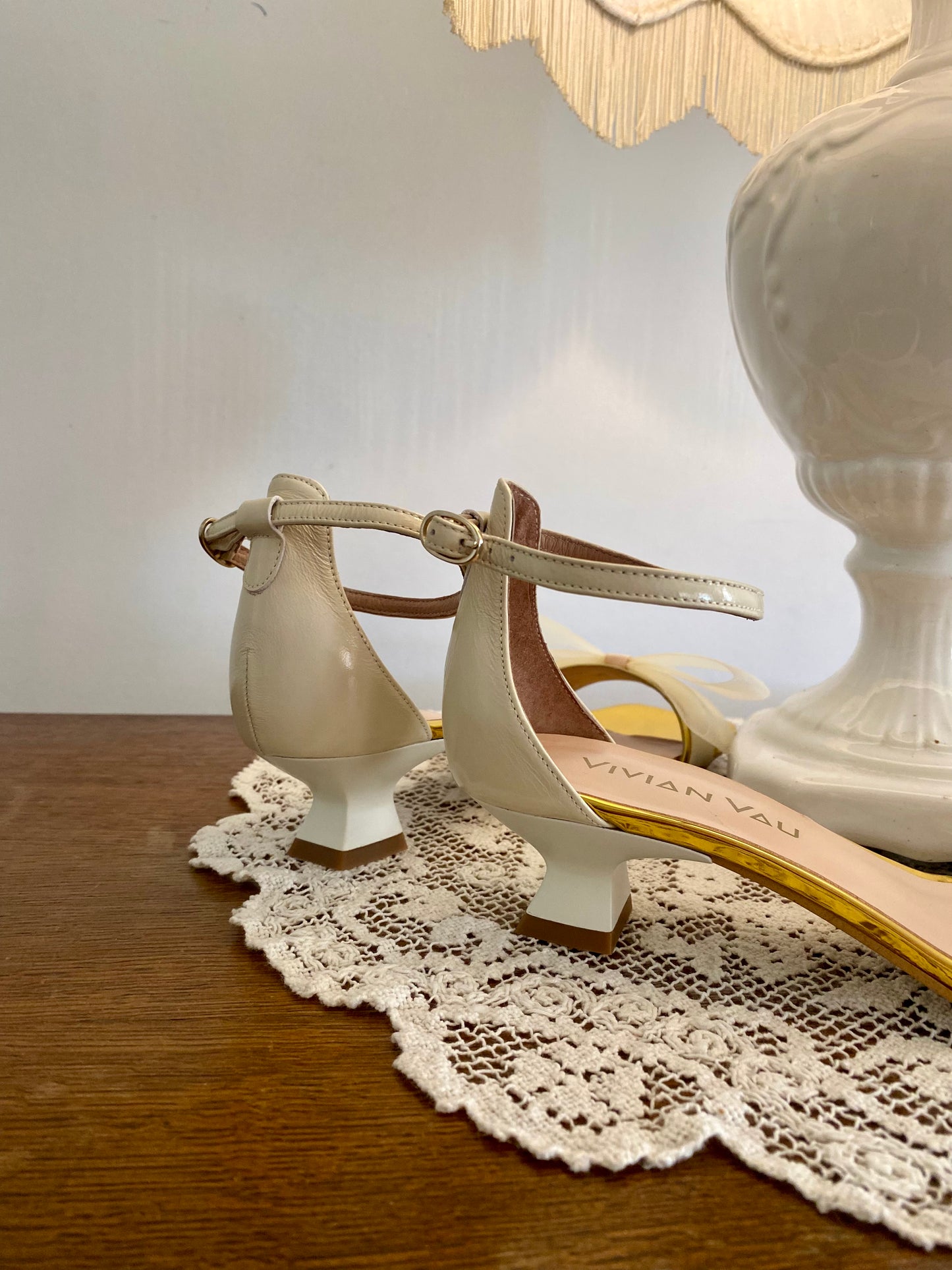 Cream Kitten Heels with Wide Mesh Bow