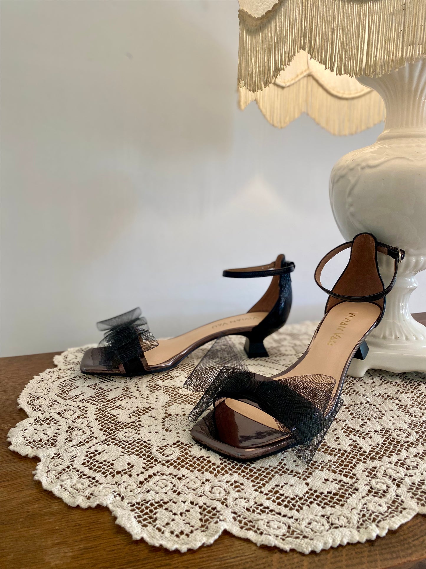 Black Kitten Heels with Wide Mesh Bow