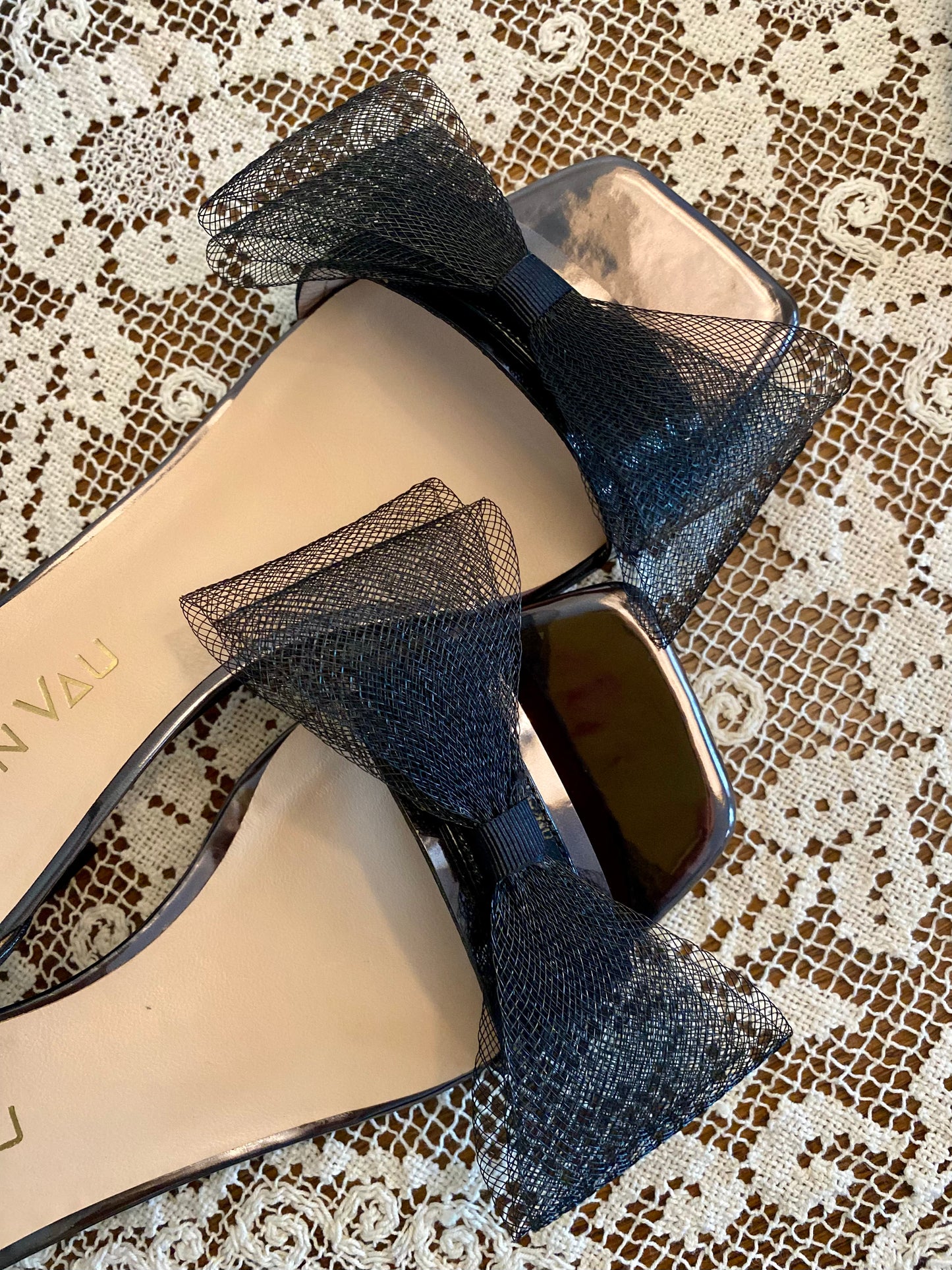 Black Kitten Heels with Wide Mesh Bow