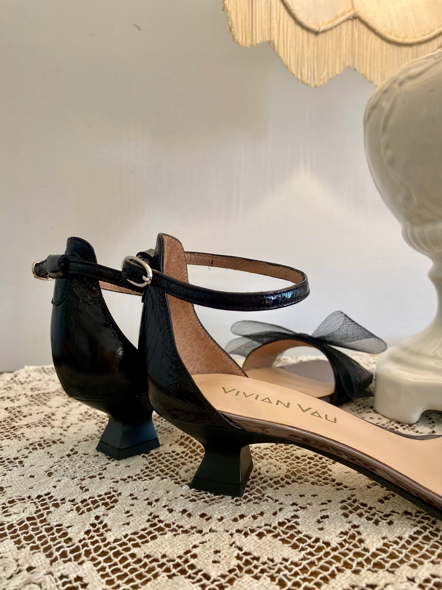 Black Kitten Heels with Wide Mesh Bow