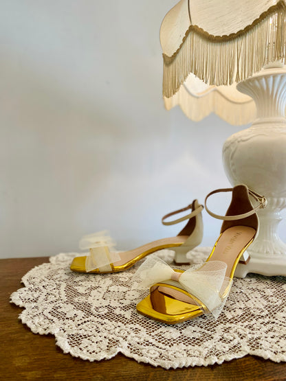 Cream Kitten Heels with Wide Mesh Bow