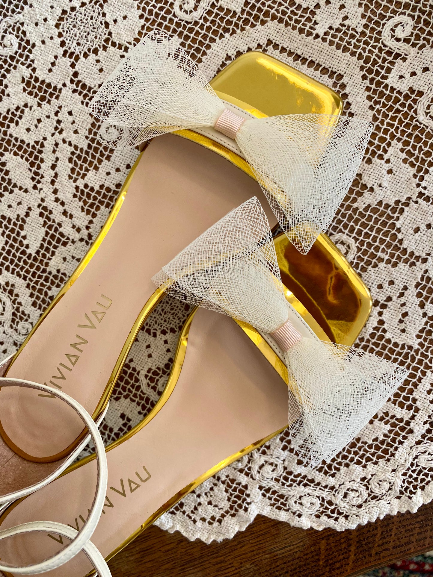 Cream Kitten Heels with Wide Mesh Bow