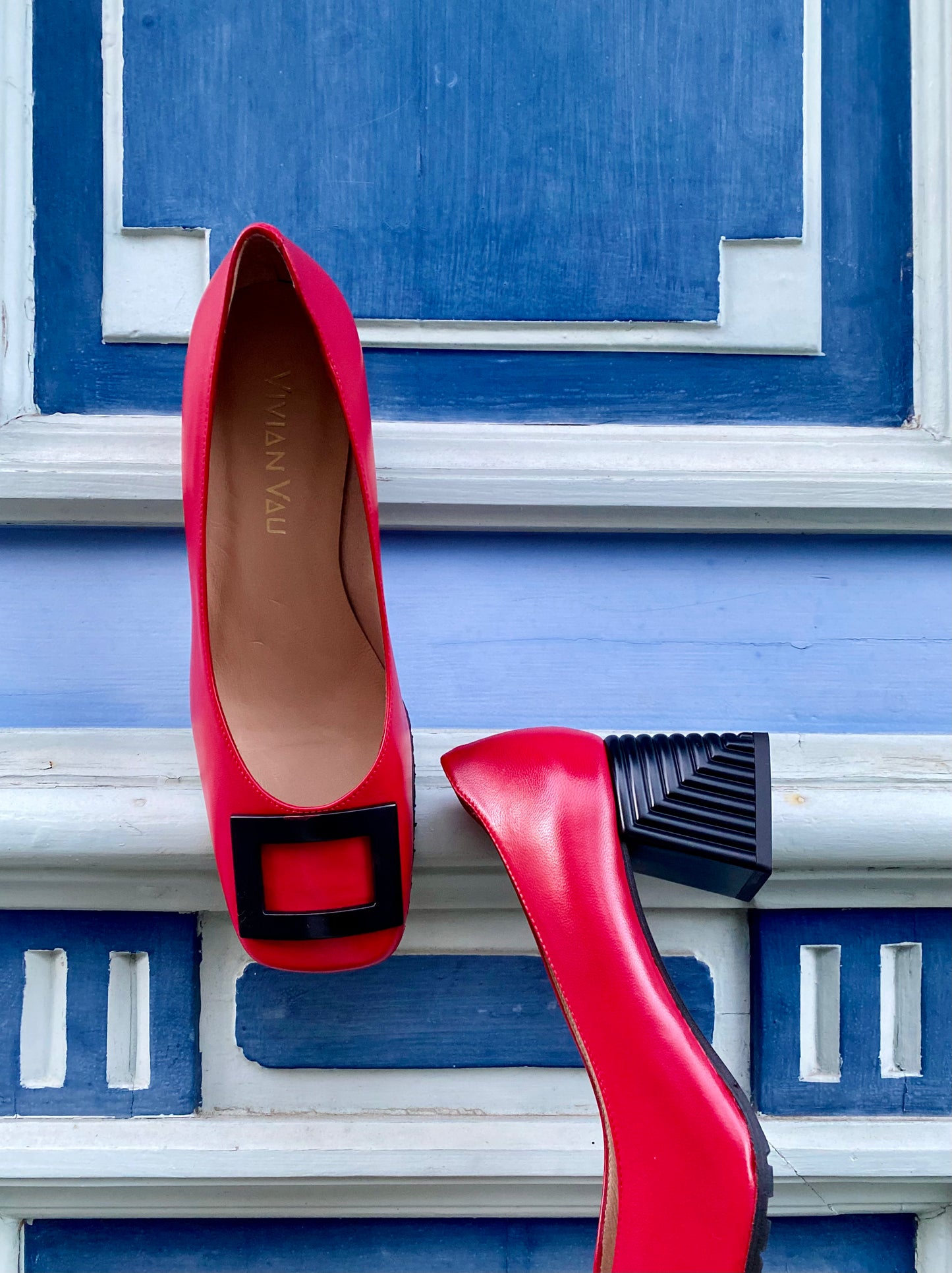 Red Pumps with Black Buckle and Heel