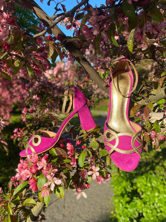 Fuchsia and Gold Heeled Sandals