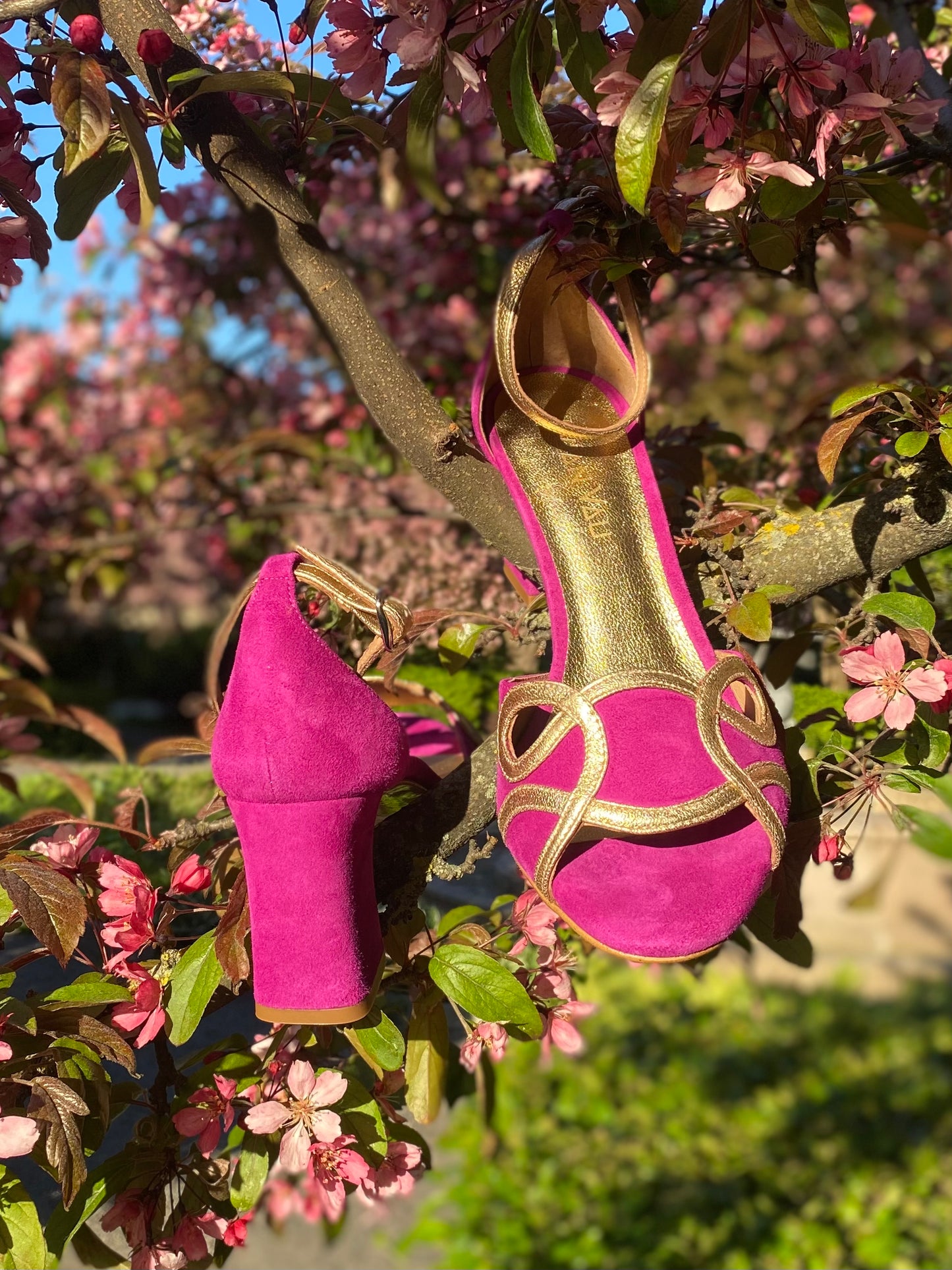 Fuchsia and Gold Heeled Sandals