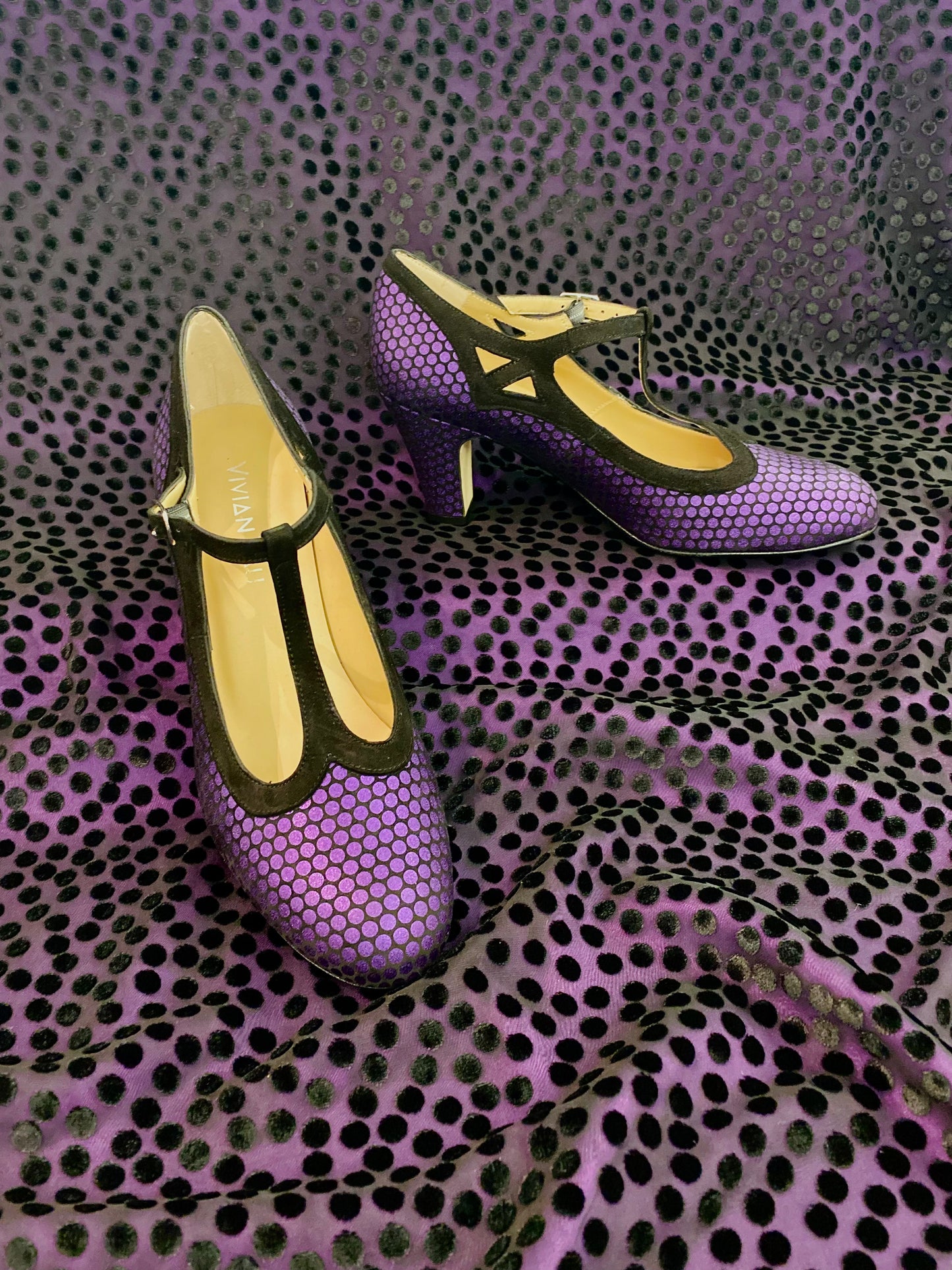 Purple Dotted T-Strap Heels