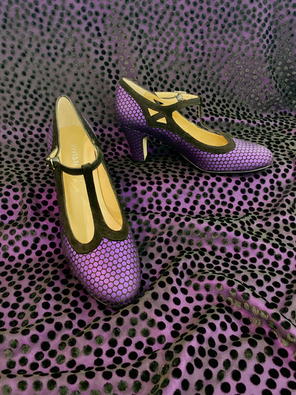 Purple Dotted T-Strap Heels