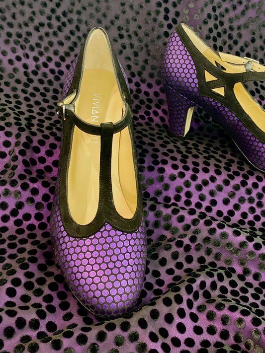 Purple Dotted T-Strap Heels