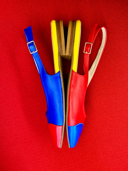 Carmine Red and Sapphire Blue Heart Mismatched Slingbacks