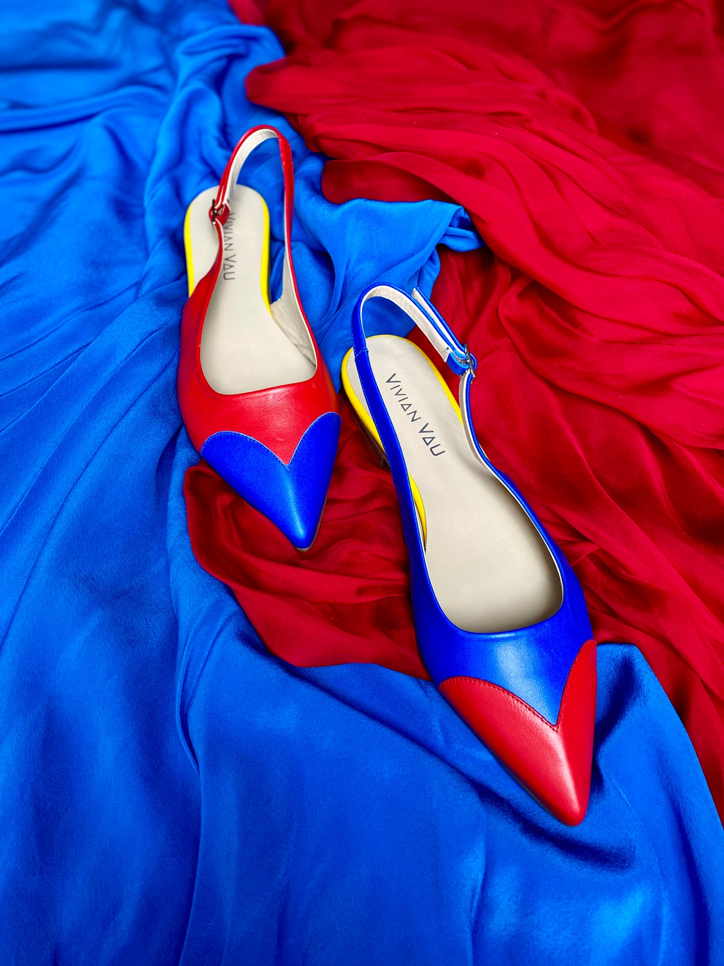Carmine Red and Sapphire Blue Heart Mismatched Slingbacks
