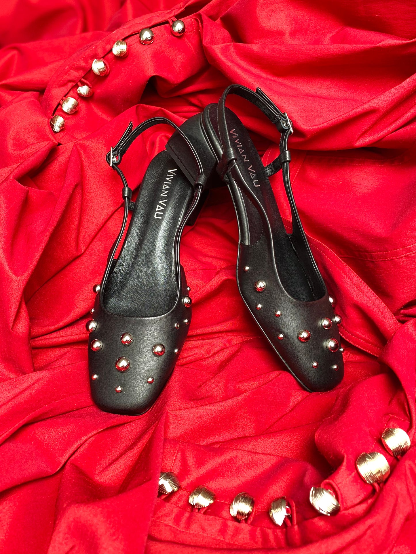 Silver Studded Black Slingback Heels