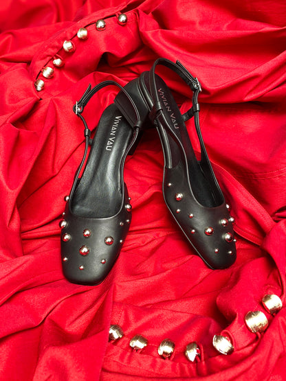 Silver Studded Black Slingback Heels