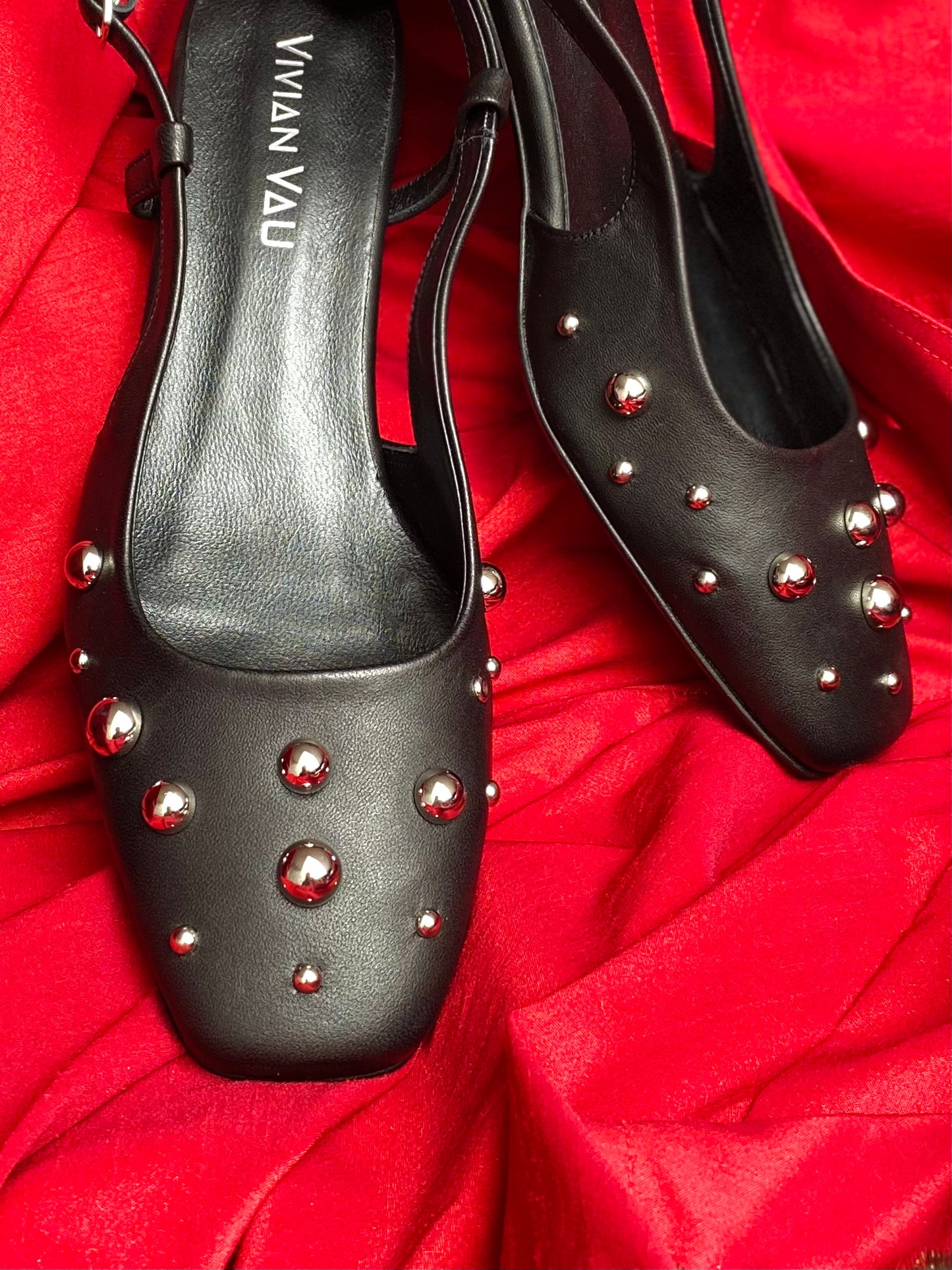 Silver Studded Black Slingback Heels