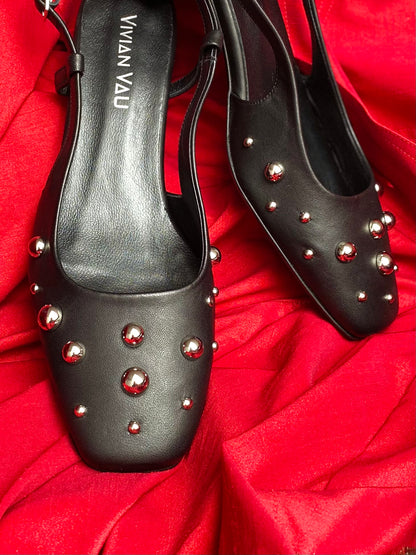 Silver Studded Black Slingback Heels