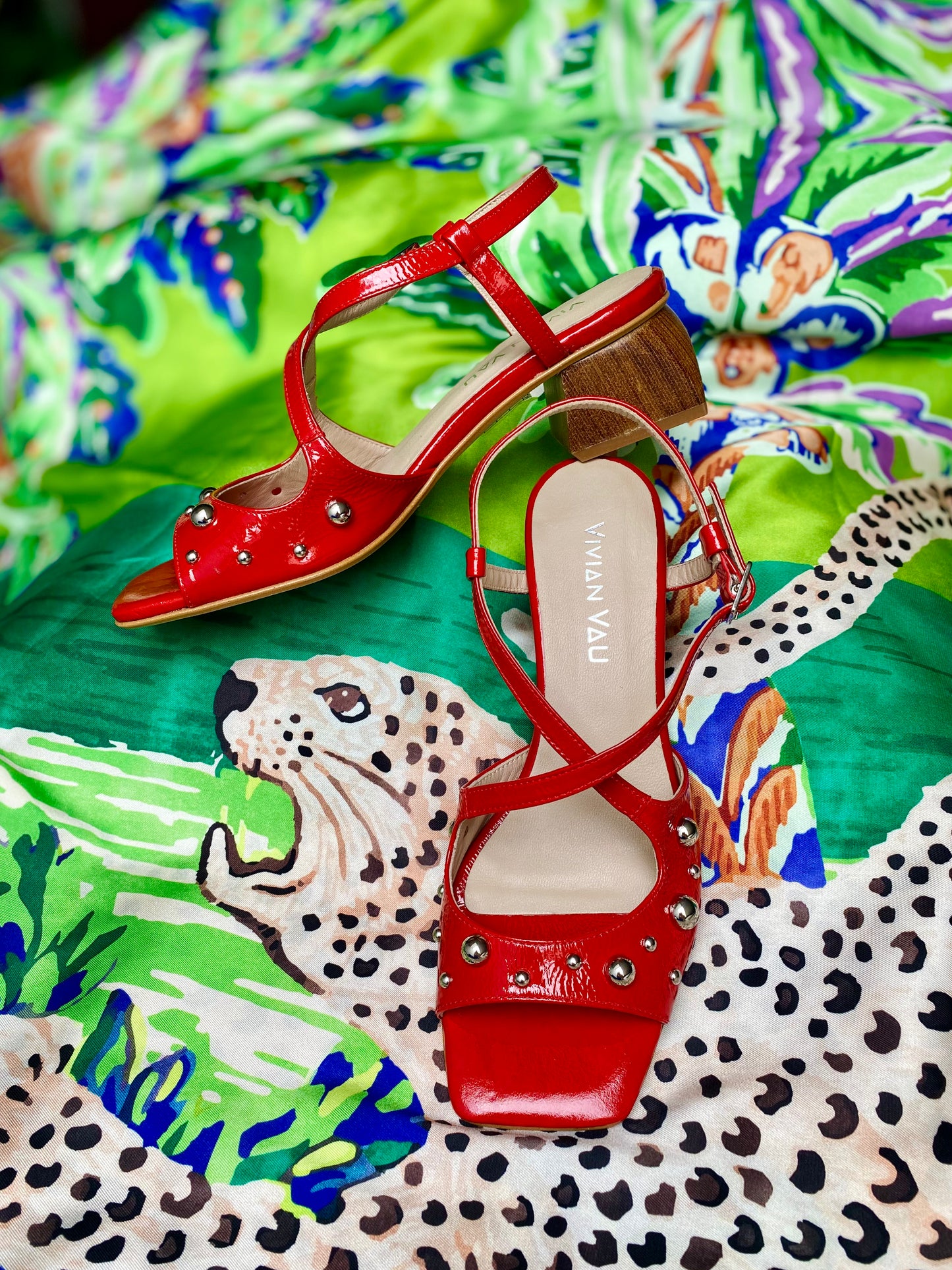 Silver Studded Red Slingback Heels