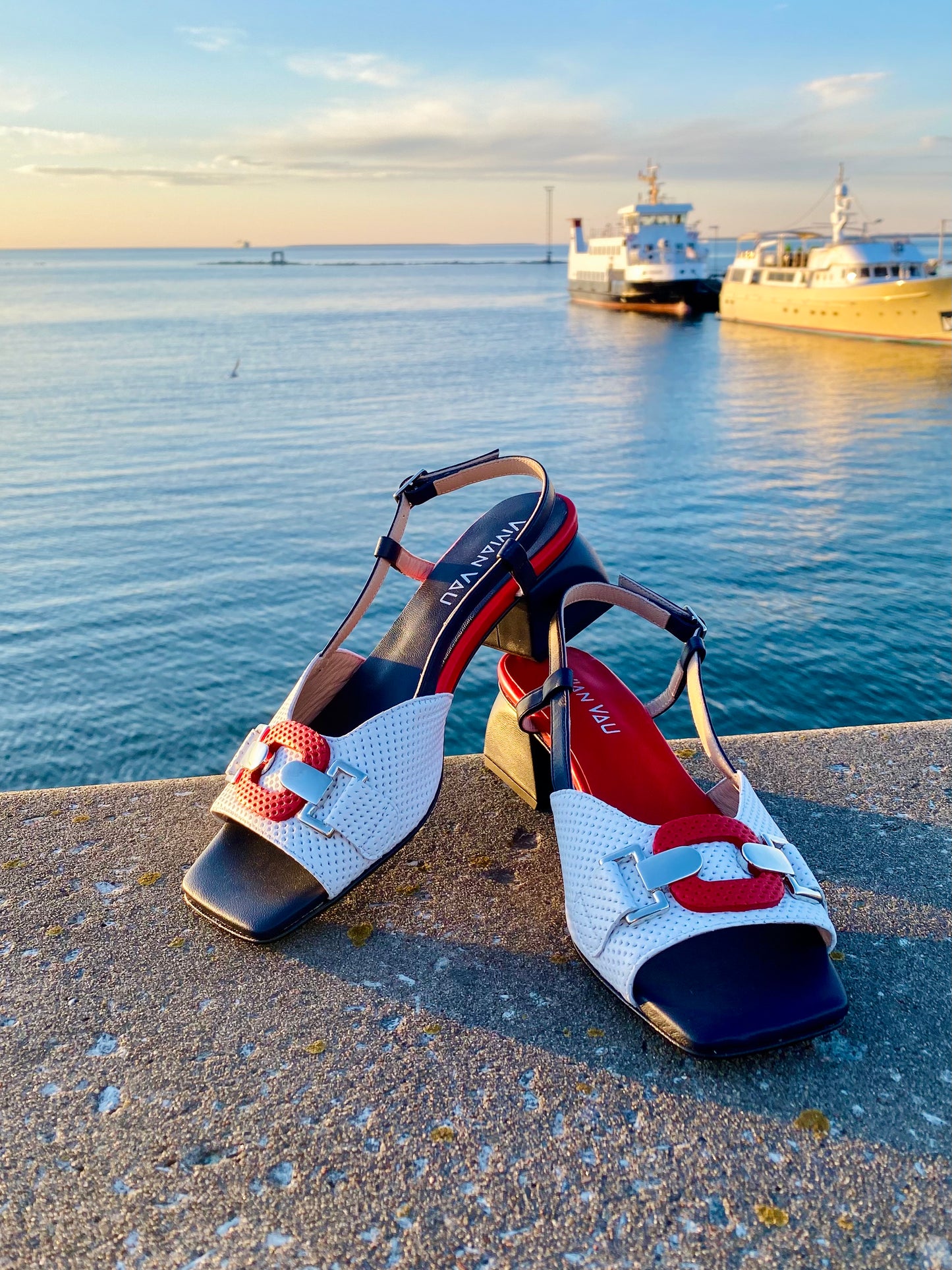 Navy, White and Red Heels