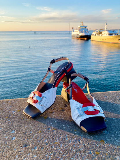 Navy, White and Red Heels