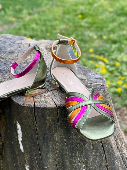 Olive Green Sandals with Fuchsia and Orange Anklestraps