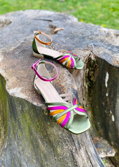 Olive Green Sandals with Fuchsia and Orange Anklestraps