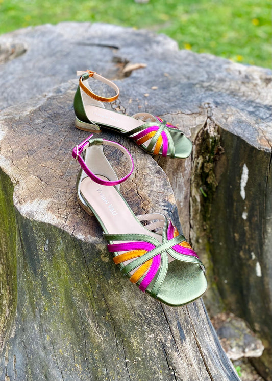 Olive Green Sandals with Fuchsia and Orange Anklestraps