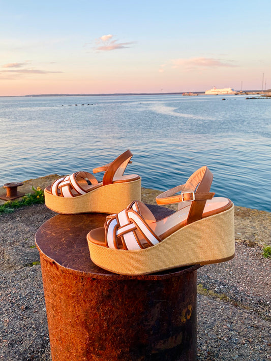 Cream and Caramel Platform Sandals with Anklestrap