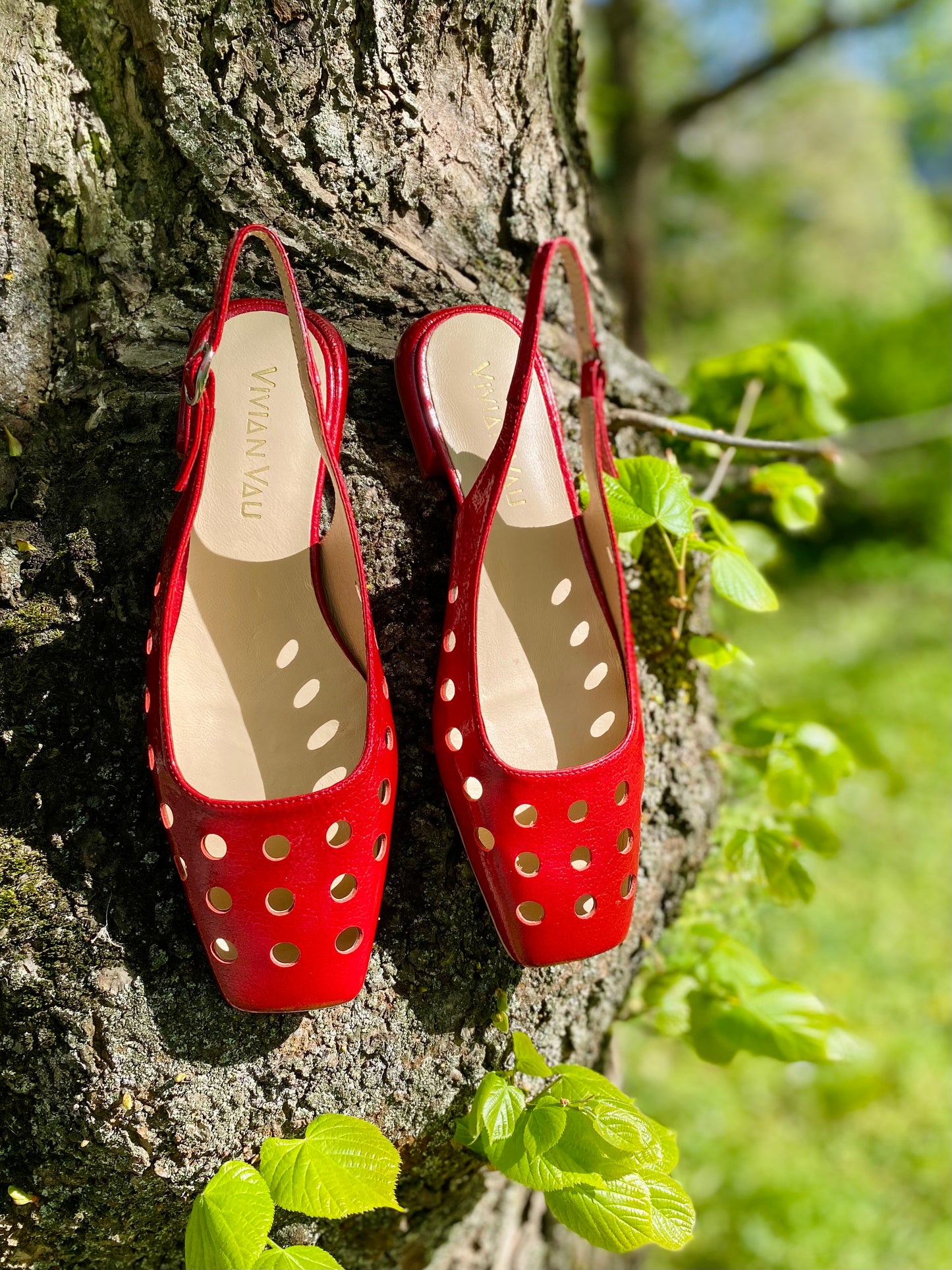 Carmine Red Perforated Patent Leather Slingbacks
