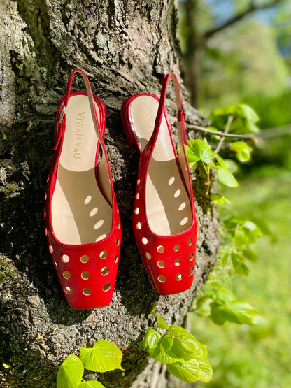 Carmine Red Perforated Patent Leather Slingbacks