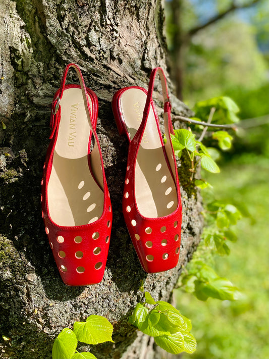 Carmine Red Perforated Patent Leather Slingbacks