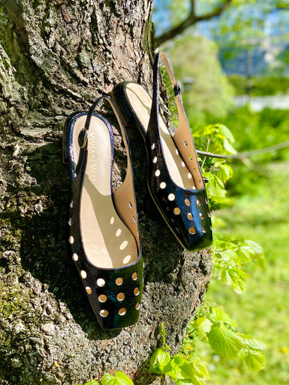 Black Perforated Patent Leather Slingbacks