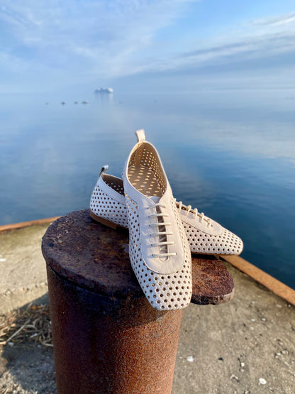 Cream Perforated Patent Leather Lace-ups