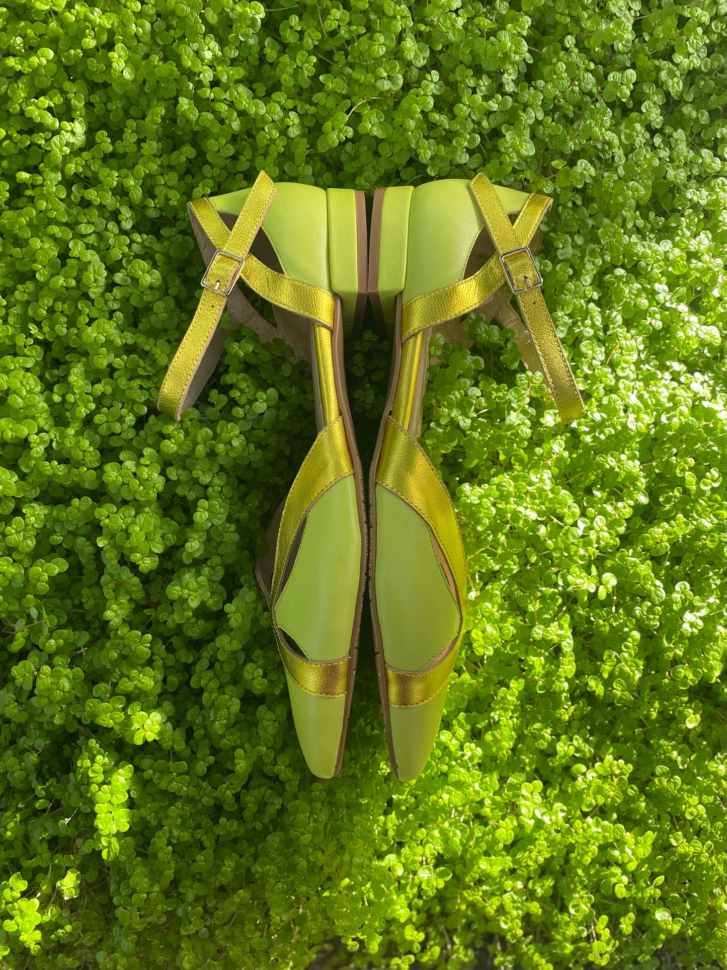 Spring Green D'Orsay Shoes with Golden Accents