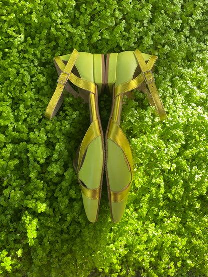 Spring Green D'Orsay Shoes with Golden Accents