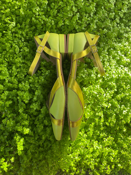 Spring Green D'Orsay Shoes with Golden Accents