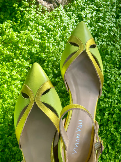 Spring Green D'Orsay Shoes with Golden Accents
