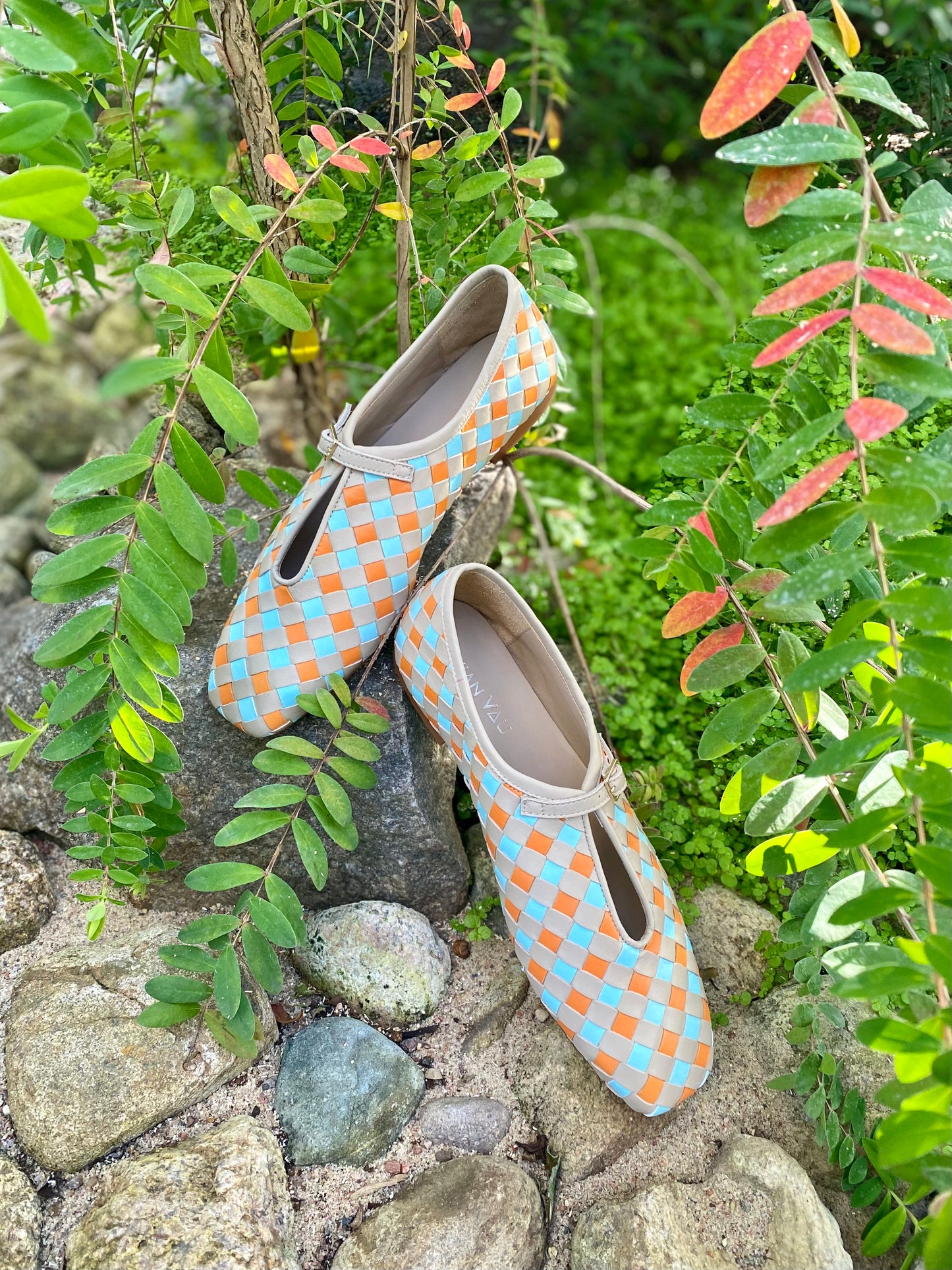 Turquoise and Orange Woven Leather Shoes