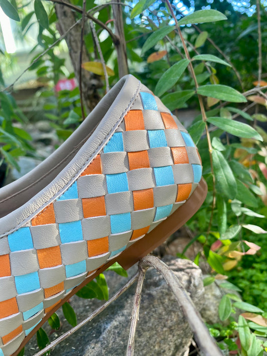 Turquoise and Orange Woven Leather Shoes