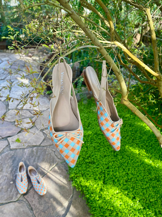 Turquoise and Orange Woven Leather Slingbacks