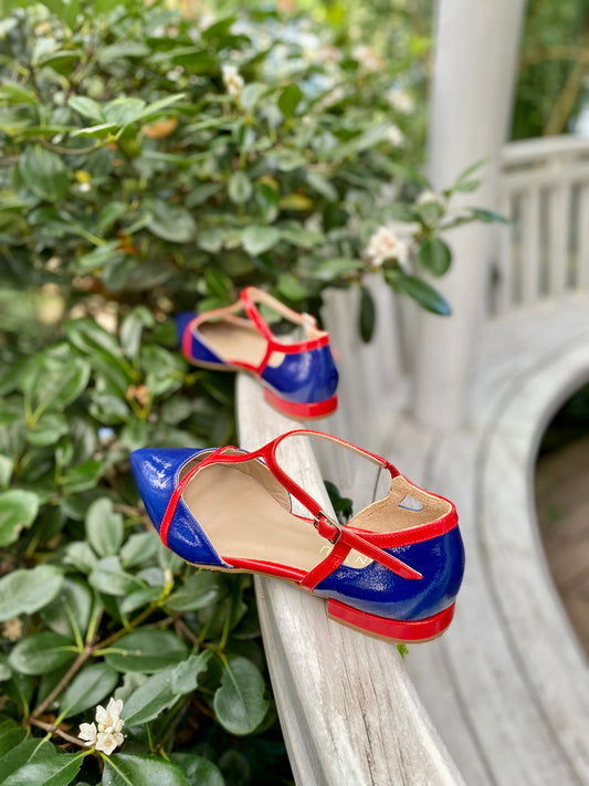 Cobalt Blue D'Orsay Shoes with Red Accents