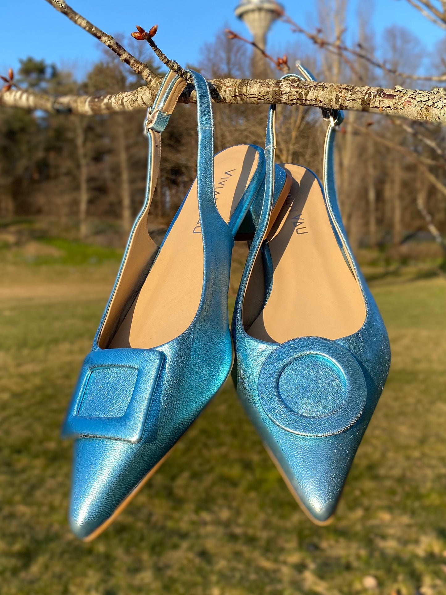 Sky Blue Circle and Square Slingbacks